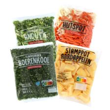 Hutspot, boerenkool grof, andijvie fijn
zak à 300/500 gram
of stamppotaardappelen
zak à 1000 gram